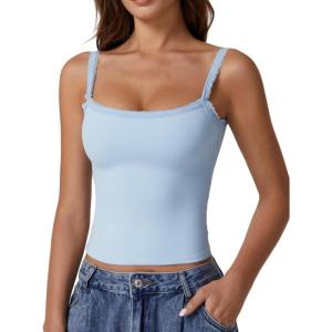 imageQINSEN Womens Square Neck Lace Trim Tank Top Double Lined Slim Fitted Y2k Going Out Camisole ShirtsLight Blue
