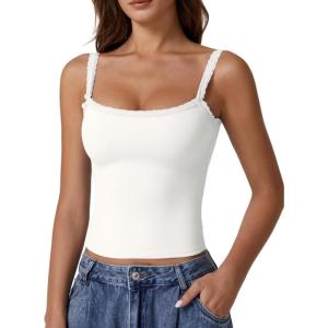 imageQINSEN Womens Square Neck Lace Trim Tank Top Double Lined Slim Fitted Y2k Going Out Camisole ShirtsWhite