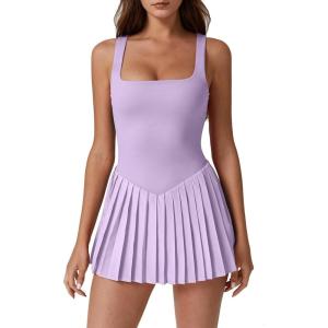 imageQINSEN Womens Square Neck Tennis Dress Pleated Sleeveless Built in Shorts Golf Athletic Dress with PocketsLight Purple