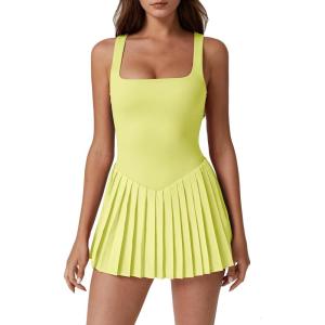 imageQINSEN Womens Square Neck Tennis Dress Pleated Sleeveless Built in Shorts Golf Athletic Dress with PocketsLight Yellow