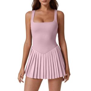 imageQINSEN Womens Square Neck Tennis Dress Pleated Sleeveless Built in Shorts Golf Athletic Dress with PocketsPink