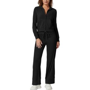 imageQINSEN Womens Two Piece Outfits Long Sleeve FullZip Hoodie and Wide Leg Pants Tracksuit Lounge Matching SetBlack