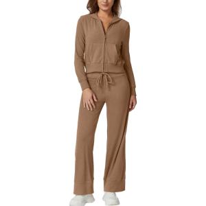 imageQINSEN Womens Two Piece Outfits Long Sleeve FullZip Hoodie and Wide Leg Pants Tracksuit Lounge Matching SetCaramel
