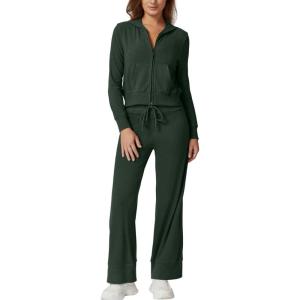 imageQINSEN Womens Two Piece Outfits Long Sleeve FullZip Hoodie and Wide Leg Pants Tracksuit Lounge Matching SetForest Green