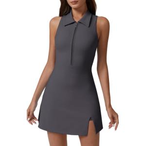 imageQINSEN Womens Zip Front Tennis Dress Polo Collar Racer Back Workout Golf Dresses Build in Shorts with PocketsDark Grey