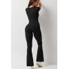 imageQINSEN Flare Jumpsuits for Women Short Sleeve Square Neck Bodycon Full Length Playsuit