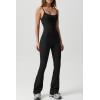 imageQINSEN Flare Jumpsuits for Women Spaghetti Straps Scoop Neck Bodycon Full Length Casual Unitard PlaysuitBlack