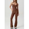 imageQINSEN Flare Jumpsuits for Women Spaghetti Straps Scoop Neck Bodycon Full Length Casual Unitard PlaysuitBrown