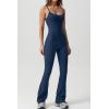 imageQINSEN Flare Jumpsuits for Women Spaghetti Straps Scoop Neck Bodycon Full Length Casual Unitard PlaysuitNavy Blue