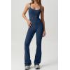 imageQINSEN Flare Jumpsuits for Women Spaghetti Straps Scoop Neck Bodycon Full Length Casual Unitard PlaysuitNavy Blue