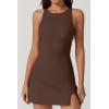 imageQINSEN Womens Crewneck Criss Cross Open Back Tennis Dress Sleeveless Built in Shorts Golf Athletic Dresses with PocketsChestnut