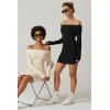 imageQINSEN Womens Off The Shoulder Ribbed Knit Sweater Dress Folded Neck Long Sleeve Mini Dress 2024 Trendy Fall OutfitsBeige