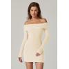 imageQINSEN Womens Off The Shoulder Ribbed Knit Sweater Dress Folded Neck Long Sleeve Mini Dress 2024 Trendy Fall OutfitsBeige