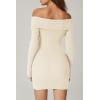 imageQINSEN Womens Off The Shoulder Ribbed Knit Sweater Dress Folded Neck Long Sleeve Mini Dress 2024 Trendy Fall OutfitsBeige