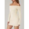 imageQINSEN Womens Off The Shoulder Ribbed Knit Sweater Dress Folded Neck Long Sleeve Mini Dress 2024 Trendy Fall OutfitsBeige