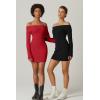 imageQINSEN Womens Off The Shoulder Ribbed Knit Sweater Dress Folded Neck Long Sleeve Mini Dress 2024 Trendy Fall OutfitsBlack