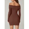imageQINSEN Womens Off The Shoulder Ribbed Knit Sweater Dress Folded Neck Long Sleeve Mini Dress 2024 Trendy Fall OutfitsBrown