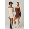 imageQINSEN Womens Off The Shoulder Ribbed Knit Sweater Dress Folded Neck Long Sleeve Mini Dress 2024 Trendy Fall OutfitsBrown