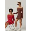 imageQINSEN Womens Off The Shoulder Ribbed Knit Sweater Dress Folded Neck Long Sleeve Mini Dress 2024 Trendy Fall OutfitsRed