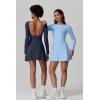 imageQINSEN Womens Open Back Tennis Dress Long Sleeve Built in Shorts Golf Athletic Dress with PocketsAiry Blue