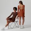 imageQINSEN Womens Open Back Tennis Dress Long Sleeve Built in Shorts Golf Athletic Dress with PocketsChestnut