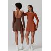 imageQINSEN Womens Open Back Tennis Dress Long Sleeve Built in Shorts Golf Athletic Dress with PocketsChestnut