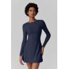 imageQINSEN Womens Open Back Tennis Dress Long Sleeve Built in Shorts Golf Athletic Dress with PocketsEstate Blue