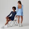 imageQINSEN Womens Open Back Tennis Dress Long Sleeve Built in Shorts Golf Athletic Dress with PocketsEstate Blue