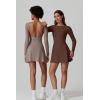 imageQINSEN Womens Open Back Tennis Dress Long Sleeve Built in Shorts Golf Athletic Dress with PocketsWarm Taupe