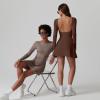 imageQINSEN Womens Open Back Tennis Dress Long Sleeve Built in Shorts Golf Athletic Dress with PocketsWarm Taupe