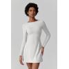 imageQINSEN Womens Open Back Tennis Dress Long Sleeve Built in Shorts Golf Athletic Dress with PocketsWhite