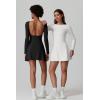 imageQINSEN Womens Open Back Tennis Dress Long Sleeve Built in Shorts Golf Athletic Dress with PocketsWhite