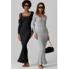 imageQINSEN Womens Ribbed Knit Long Sleeve Scoop Neck Maxi Dress with Lace Details Bodycon DressBlack