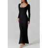 imageQINSEN Womens Ribbed Knit Long Sleeve Scoop Neck Maxi Dress with Lace Details Bodycon DressBlack