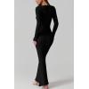 imageQINSEN Womens Ribbed Knit Long Sleeve Scoop Neck Maxi Dress with Lace Details Bodycon DressBlack