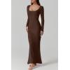 imageQINSEN Womens Ribbed Knit Long Sleeve Scoop Neck Maxi Dress with Lace Details Bodycon DressChestnut