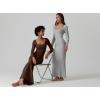 imageQINSEN Womens Ribbed Knit Long Sleeve Scoop Neck Maxi Dress with Lace Details Bodycon DressChestnut