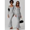 imageQINSEN Womens Ribbed Knit Long Sleeve Scoop Neck Maxi Dress with Lace Details Bodycon DressDark Grey