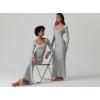 imageQINSEN Womens Ribbed Knit Long Sleeve Scoop Neck Maxi Dress with Lace Details Bodycon DressDark Grey