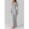 imageQINSEN Womens Ribbed Knit Long Sleeve Scoop Neck Maxi Dress with Lace Details Bodycon DressDark Grey