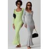 imageQINSEN Womens Ribbed Knit Long Sleeve Scoop Neck Maxi Dress with Lace Details Bodycon DressGreen