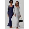 imageQINSEN Womens Ribbed Knit Long Sleeve Scoop Neck Maxi Dress with Lace Details Bodycon DressNavy