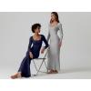 imageQINSEN Womens Ribbed Knit Long Sleeve Scoop Neck Maxi Dress with Lace Details Bodycon DressNavy