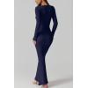imageQINSEN Womens Ribbed Knit Long Sleeve Scoop Neck Maxi Dress with Lace Details Bodycon DressNavy