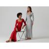 imageQINSEN Womens Ribbed Knit Long Sleeve Scoop Neck Maxi Dress with Lace Details Bodycon DressRed