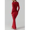 imageQINSEN Womens Ribbed Knit Long Sleeve Scoop Neck Maxi Dress with Lace Details Bodycon DressRed