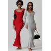 imageQINSEN Womens Ribbed Knit Long Sleeve Scoop Neck Maxi Dress with Lace Details Bodycon DressRed