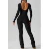 imageQINSEN Womens Sexy Open Back Long Sleeve Flared Bottom Pants Romper Bodycon Jumpsuit