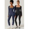 imageQINSEN Womens Sexy Square Neck Long Sleeve Full Length Leggings Bodycon Stretch JumpsuitBlack