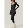 imageQINSEN Womens Sexy Square Neck Long Sleeve Full Length Leggings Bodycon Stretch JumpsuitBlack